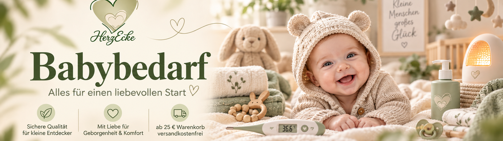 Babybedarf bei HerzEcke mit lachendem Baby im grünen Hoodie, reer Badethermometer und Heizstrahler. Hochwertige Produkte für Pflege, Sicherheit und Alltag.