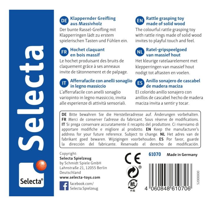 Selecta Ringellino, Greifling aus Holz mit Klapperringen, 8,5 cm