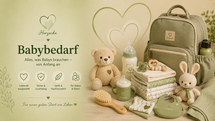 Babyausstattung für das Badezimmer mit Kapuzenbadetuch, Babybürste, Waschhandschuhen und Badezubehör in warmen Naturfarben.