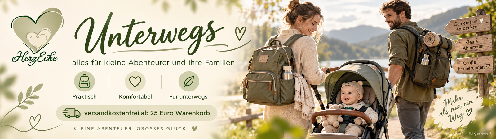 Kinderwagen, Wickelrucksack und Kinderfahrzeug in einer naturnahen Outdoor-Szene für Familien, Babys und Kinder unterwegs.