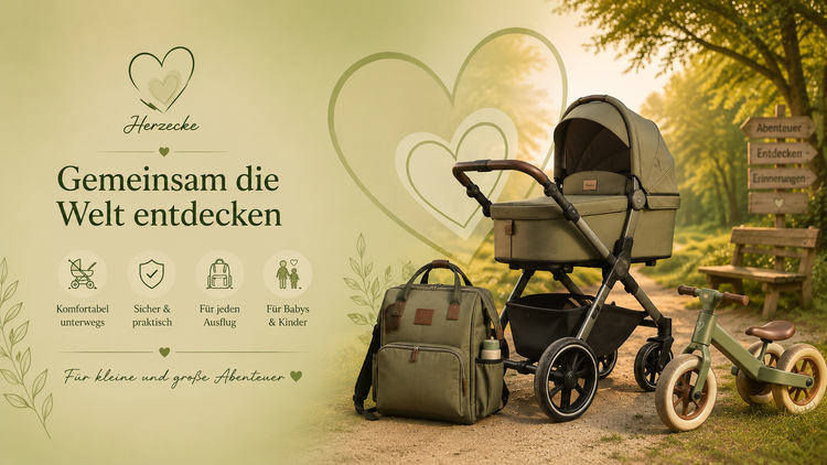 Kinderwagen, Wickelrucksack und Kinderfahrzeug in einer naturnahen Outdoor-Szene für Familien, Babys und Kinder unterwegs.
