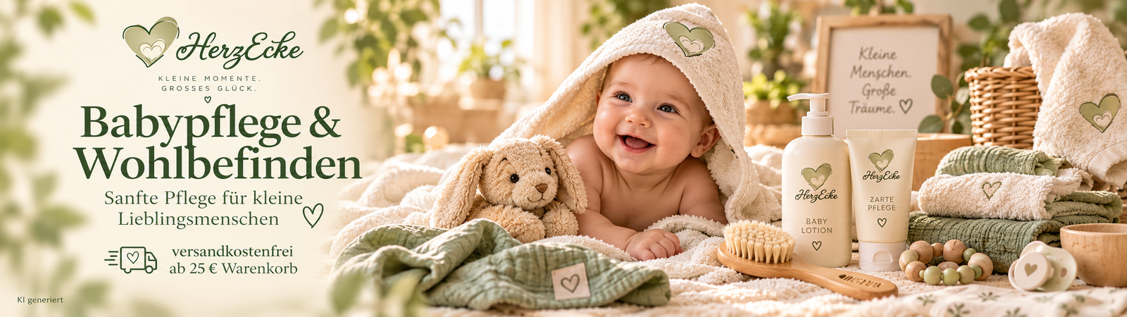 Babypflege und Wohlbefinden für Babys mit hochwertigen Pflegeprodukten, weichen Textilien und liebevollen Accessoires.