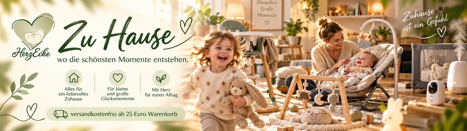 Kinderzimmer mit Babybett, Nachtlicht, Babyphone, Spielbogen, Wippe und weiteren Produkten für ein sicheres und gemütliches Zuhause.