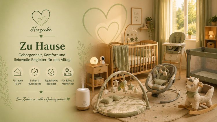 Kinderzimmer mit Babybett, Nachtlicht, Babyphone, Spielbogen, Wippe und weiteren Produkten für ein sicheres und gemütliches Zuhause.