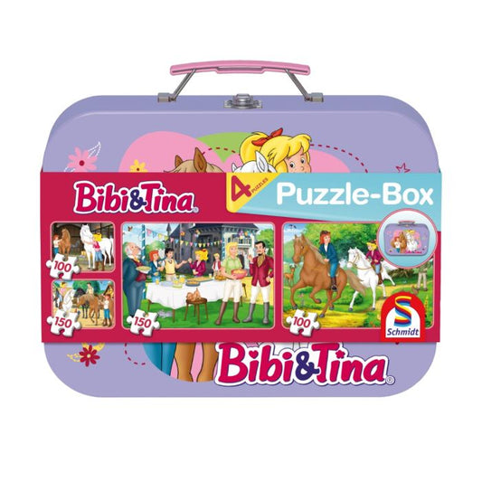 Bibi & Tina: Lila Puzzle-Box im Metallkoffer mit 4 Kinderpuzzles (2 x 100 und 2 x 150 Teile)