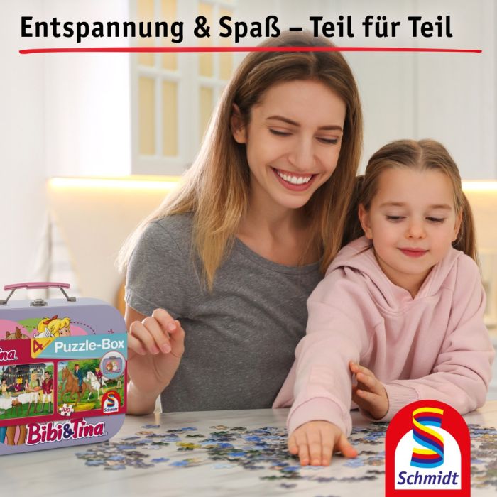Bibi & Tina: Lila Puzzle-Box im Metallkoffer mit 4 Kinderpuzzles (2 x 100 und 2 x 150 Teile)