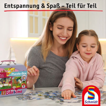 Bibi & Tina: Lila Puzzle-Box im Metallkoffer mit 4 Kinderpuzzles (2 x 100 und 2 x 150 Teile)
