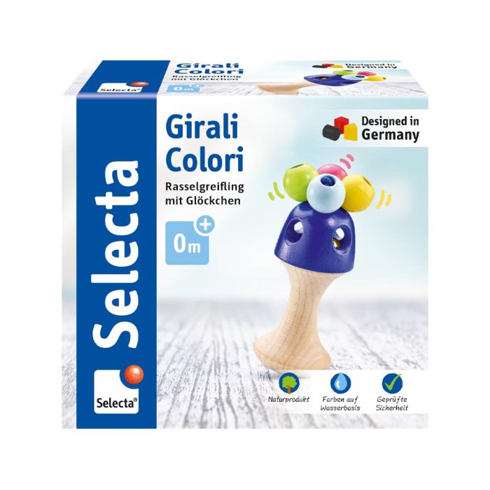 Selecta Girali Colori, Holz Stielgreifling mit Rassel aus verschiedem Glöckchen, 11 cm