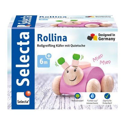 Selecta Rollina, Rollgreifling Käfer mit Quietsche aus Holz, Rosa, 7,5 cm
