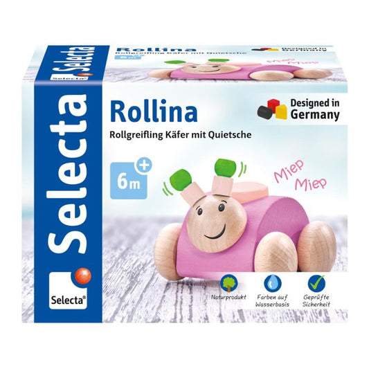 Selecta Rollina, Rollgreifling Käfer mit Quietsche aus Holz, Rosa, 7,5 cm