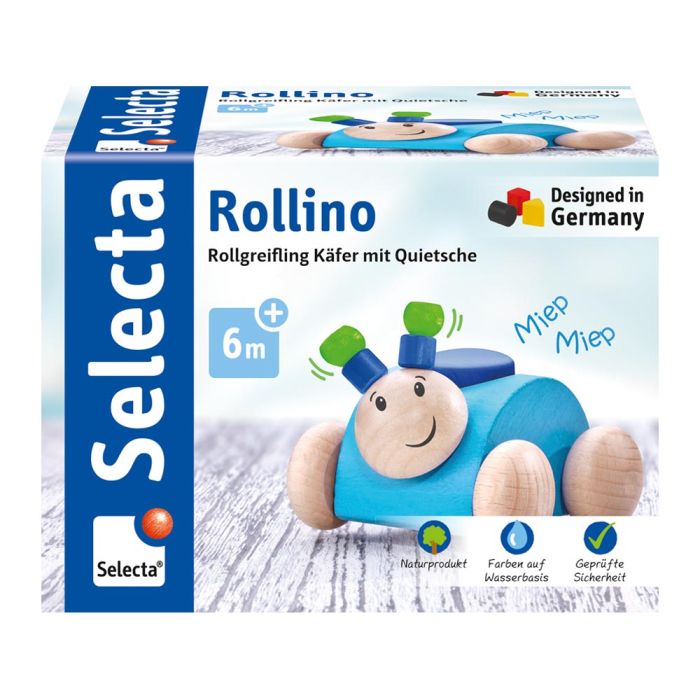 Selecta Rollino, Rollgreifling Käfer mit Quietsche aus Holz, Blau 7,5 cm