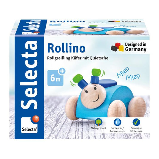 Selecta Rollino, Rollgreifling Käfer mit Quietsche aus Holz, Blau 7,5 cm