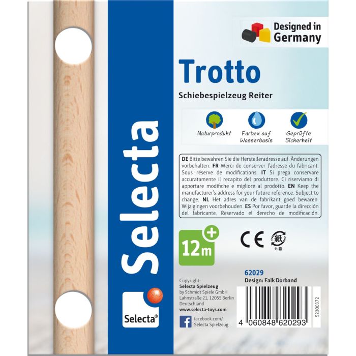 Selecta Trotto, Schiebefigur Pferd mit Reiter aus Holz, 20 cm
