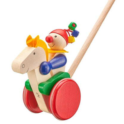 Selecta Trotto, Schiebefigur Pferd mit Reiter aus Holz, 20 cm