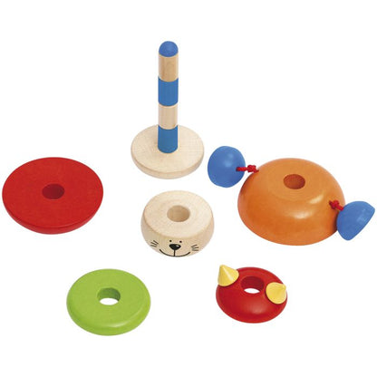 Stapelkater Karlo, Sortier-und Steckspiel, verschiedene Formen mit Klapperkugeln aus Holz, 10 cm