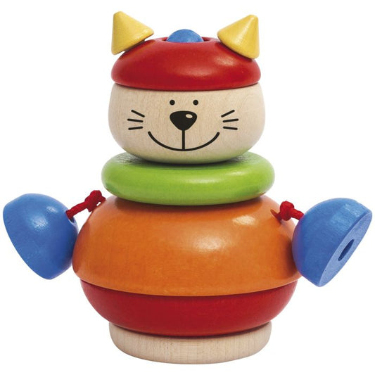 Stapelkater Karlo, Sortier-und Steckspiel, verschiedene Formen mit Klapperkugeln aus Holz, 10 cm