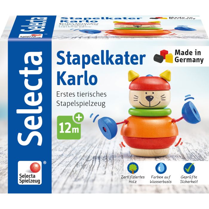 Stapelkater Karlo, Sortier-und Steckspiel, verschiedene Formen mit Klapperkugeln aus Holz, 10 cm