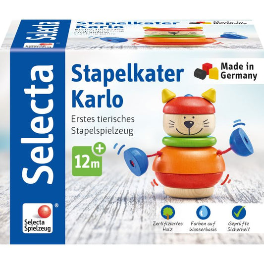 Stapelkater Karlo, Sortier-und Steckspiel, verschiedene Formen mit Klapperkugeln aus Holz, 10 cm