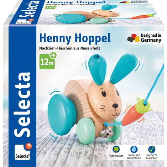Selecta Henny Hoppel, Nachzieh-Hase, Schiebe-und Nachziehspielzeug mit Glöckchen aus Holz, 13 cm
