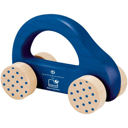 Selecta bellybutton Nostalgisches Schiebeauto, Greifling aus Holz, Blau, 10cm