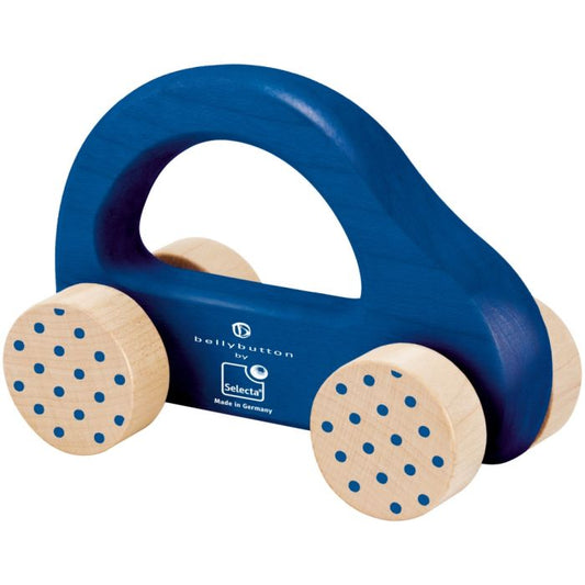 Selecta bellybutton Nostalgisches Schiebeauto, Greifling aus Holz, Blau, 10cm