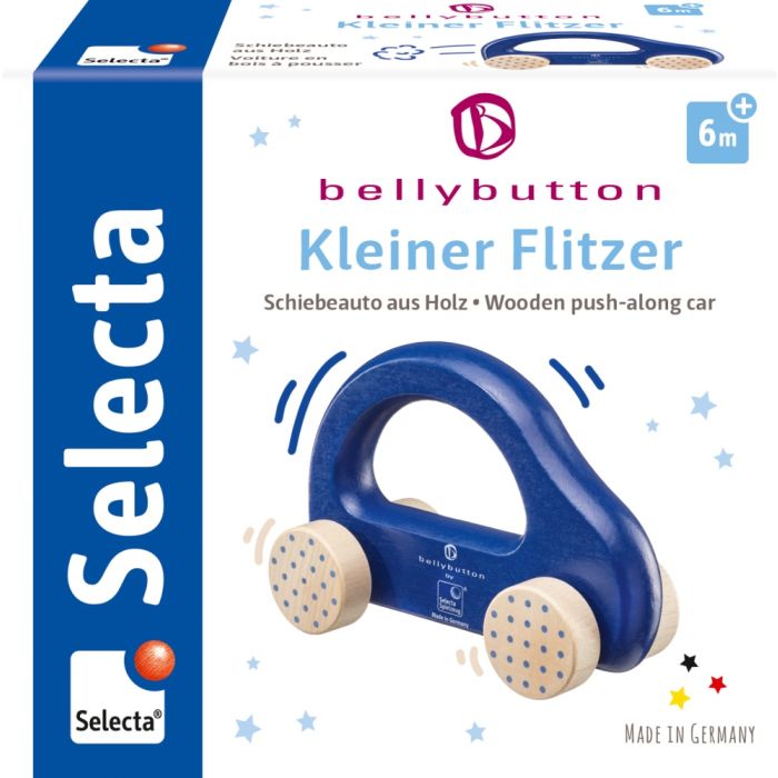 Selecta bellybutton Nostalgisches Schiebeauto, Greifling aus Holz, Blau, 10cm