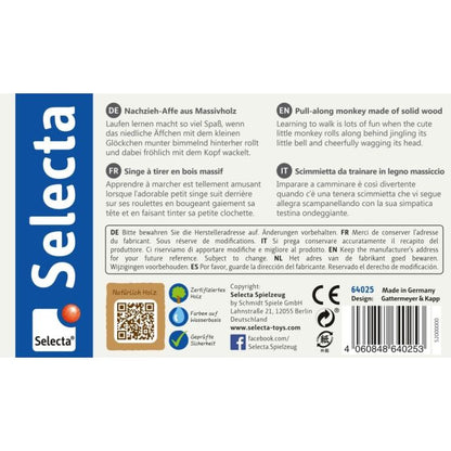 Selecta bellybutton: Äffchentanz, Nachzieh-Affe, Schiebe-und Nachziehspielzeug mit Glöckchen aus Holz, 11 cm