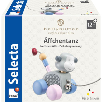 Selecta bellybutton: Äffchentanz, Nachzieh-Affe, Schiebe-und Nachziehspielzeug mit Glöckchen aus Holz, 11 cm