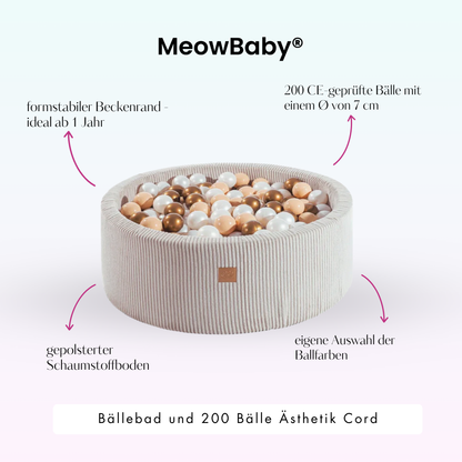 MeowBaby.de MeowBaby Bällebad Cord 90x30 cm, 200 Bälle - eigene Farbauswahl