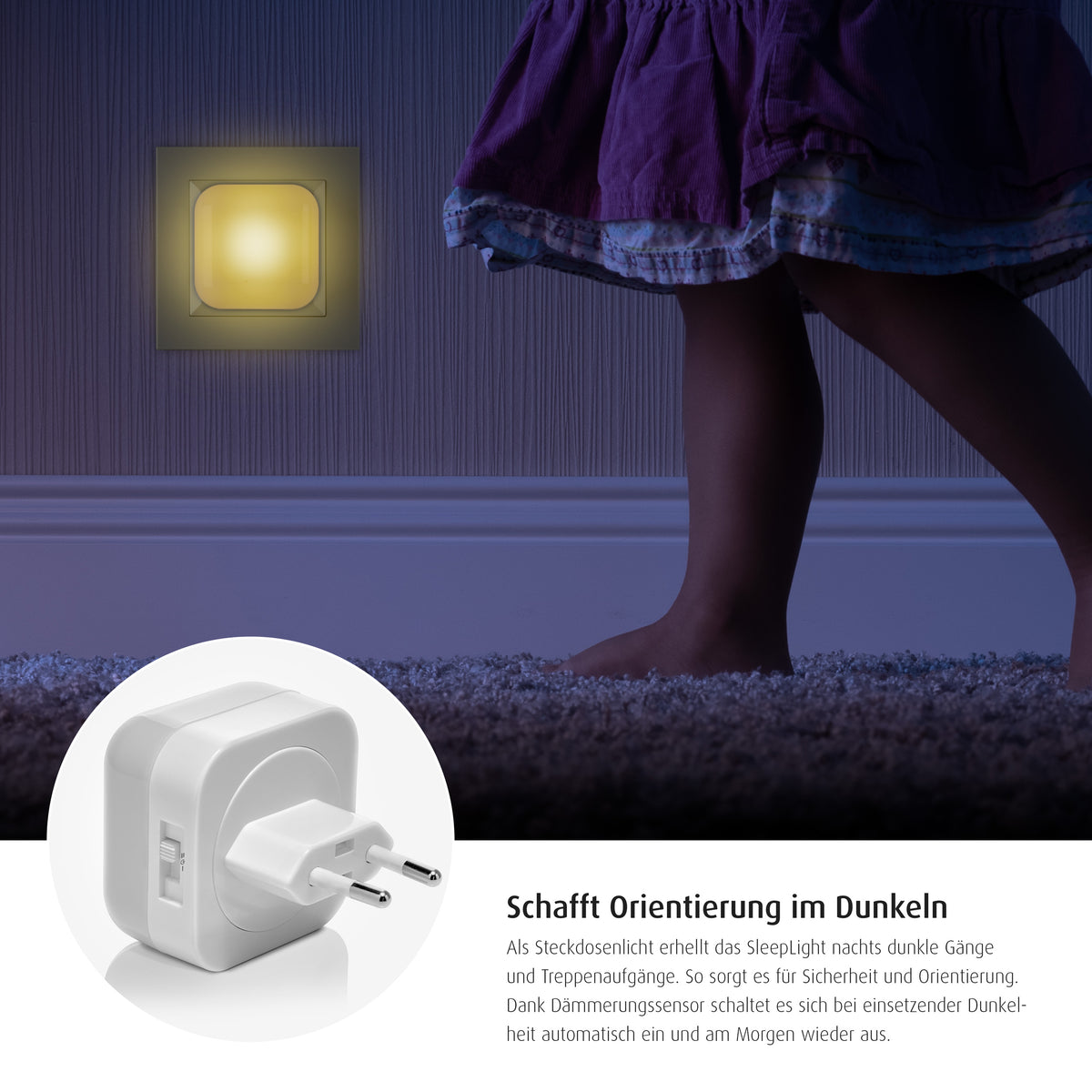 2in1 SleepLight: Steckdosenlicht & Schlummerlicht, Hellgrau mit Dämmerungssensor